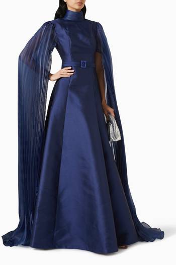 hover state of Ashe Pleated-sleeve Maxi Dress in Mikado-organza