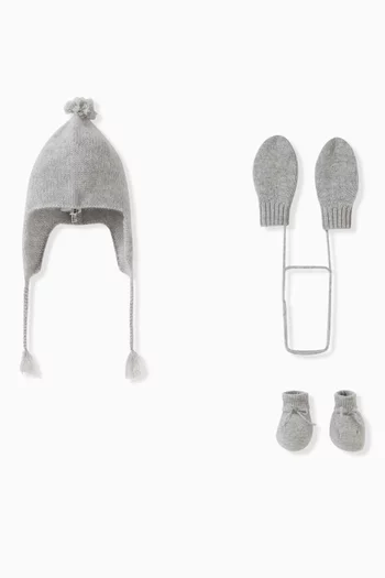 Pompom Hat, Mittens and Booties Set in Cashmere