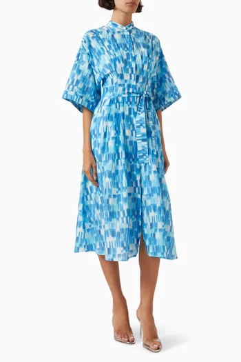فستان ديبيوتو متوسط الطول بنمط قميص مزين بنقشة قطن وحرير