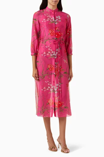 Floral-print Midi Shirt Dress in Cotton-silk