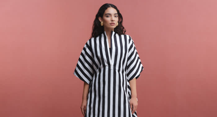 knee length dresses for ladies Linen Blend Green Stripe Printed Shift Mini Dress main image 0