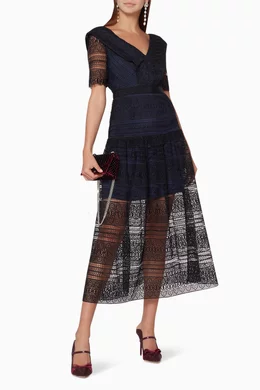 Self portrait spiral shop lace paneled midi dress