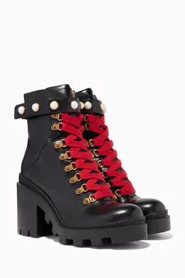 Buy Gucci Black Trip Pearl Lace Up Leather Boots for Women in UAE Ounass