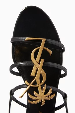 Buy SAINT LAURENT Black Cassandra Palm Monogram Flat Sandals in
