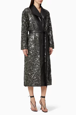 Buy ANOUKI Black Reversible Vegan Leather Sequin Trench Coat for