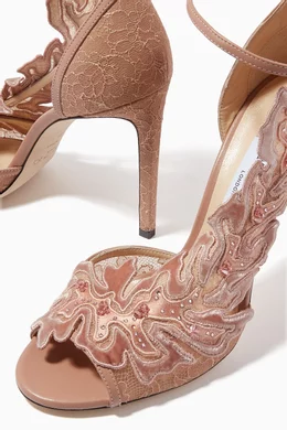 Buy Jimmy Choo Pink Lucele 100 Lace Sandals in Nappa Lace for