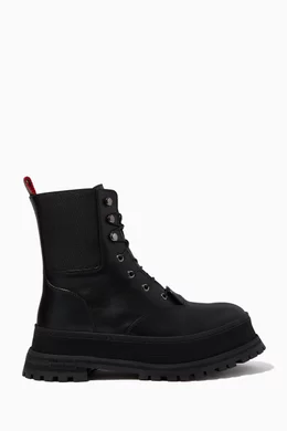 Buy Burberry Black Icon Stripe Detail Lace up Boots in Leather for