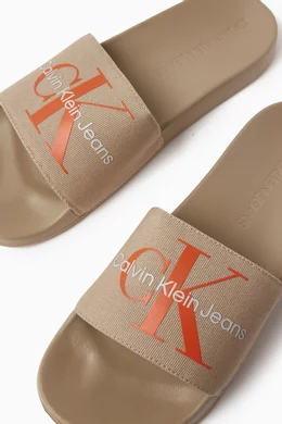 Buy Calvin Klein Jeans Neutral Monogram Slides in Cotton Canvas
