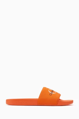 Buy Calvin Klein Jeans Orange Monogram Slides in Cotton Canvas for
