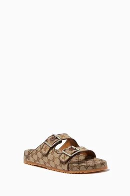 Buy Gucci Neutral Slide Sandals with Straps in Original GG Canvas
