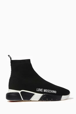 Buy Love Moschino Black Sock Sneakers in Logo Knit for Women in