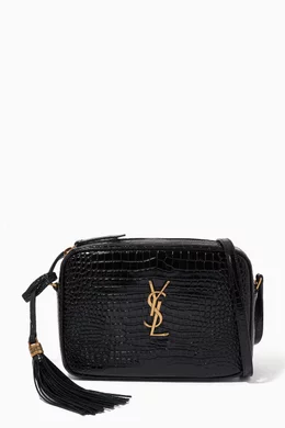 SAINT LAURENT Lou Croc-Embossed Camera Bag in Black Leather