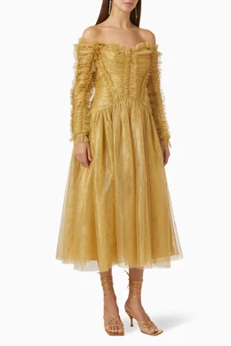 Metallic tulle midi dress online