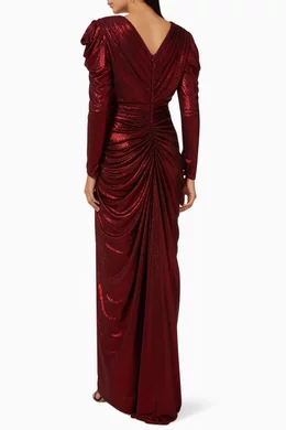 Buy Tadashi Shoji Red Lava Draped Metallic Gown in Lam for Women in UAE Ounass