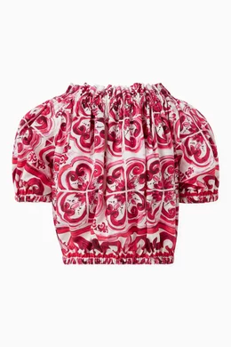 Pink Majolica-print cotton-poplin cropped top