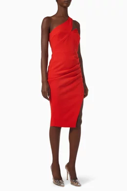 One shoulder red sales midi dress
