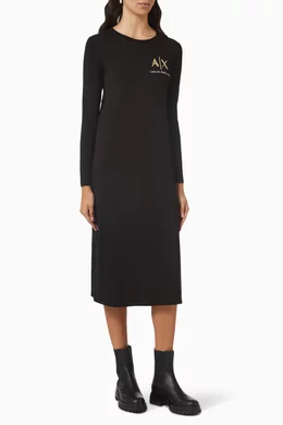 Buy Armani Exchange Black Metallic logo Midi T shirt Dress in