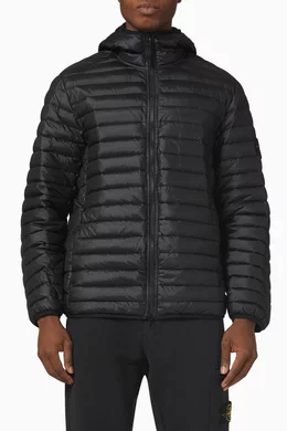 Buy Stone Island Black Hooded Jacket in Padded Nylon for Men in