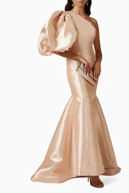 Buy Bazza Alzouman Rose Gold One shoulder Mermaid Gown in