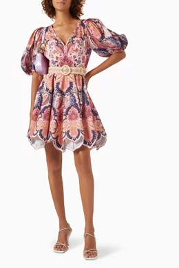 Buy Zimmermann Multicolour Laurel Belted Floral print Mini Dress in Linen for Women in UAE Ounass