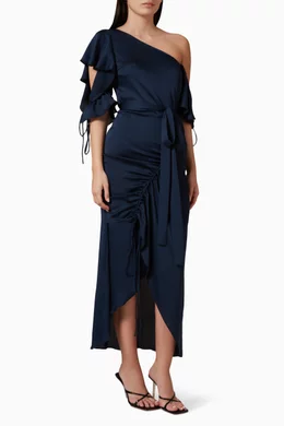 One shoulder belted midi dress sales