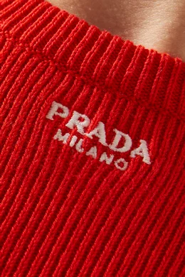 Buy Prada Red Maglieria Embroidered Logo Sweater in Cotton for