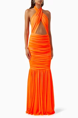 Orange halter neck outlet maxi dress