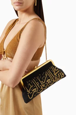 Buy Sarah s Bag Black Calligraphy Beaded Clutch in Canvas for