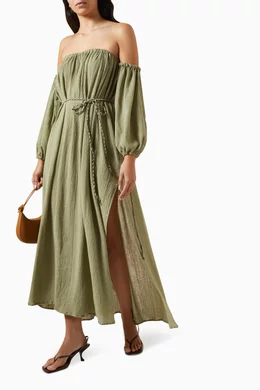 Buy Caravana Green Kikab Off shoulder Maxi Dress in Cotton gauze