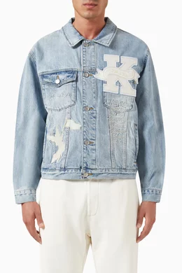 White denim sales jacket with patches