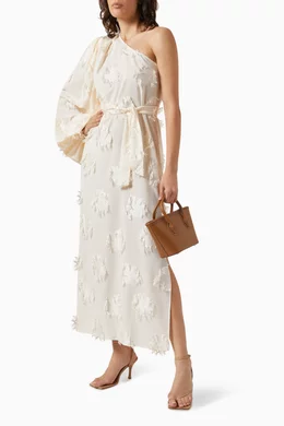 Buy SELMACILEK Neutral One shoulder Fringe Floral Appliqu Maxi