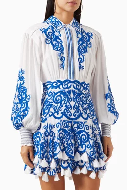 Buy Alice Olivia Blue Loryn Embroidered Mini Dress in Cotton