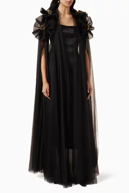 Buy Azzalia Black Embellished Flower Cape Abaya in Soft tulle for