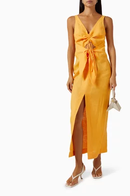 Orange ruched 2025 midi dress