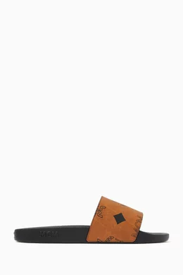 Buy MCM Brown Maxi Visetos Slides in Canvas Rubber for Men in