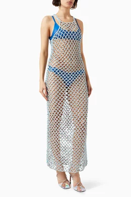 Buy Paris Georgia Neutral Rope Beaded Dress in Fishnet Mesh for