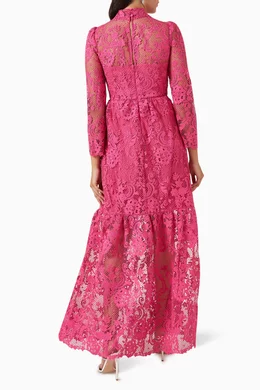 Buy Self Portrait Pink High neck Tiered Maxi Dress in Lace for