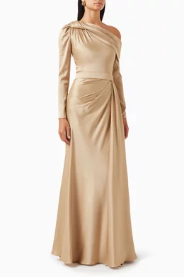 Buy Gemy Maalouf Gold One shoulder Dress in Satin for Women in