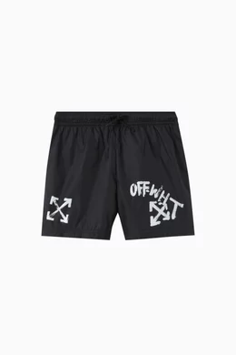 Buy Off White Black Paint Script Logo Swim Shorts for Boys in UAE