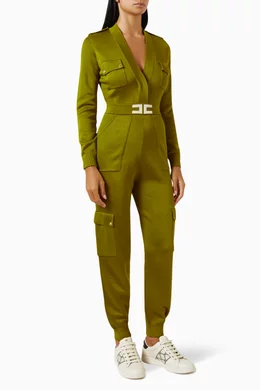 Buy Elisabetta Franchi Green Cargo Jumpsuit in Viscose knit for Women in UAE Ounass