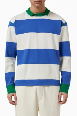 Blue and White Wide Stripe Mock Collar Long-Sleeve Jersey L | Drake's