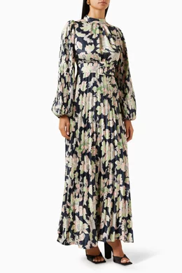 Women's Plisse Long Sleeve Ruffle Detail Maxi Dress