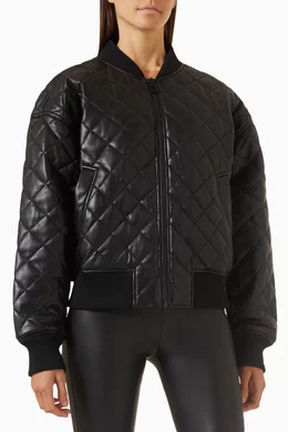 Buy Good American Black Quilted Bomber Jacket in Faux Leather