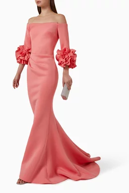 Buy Jovani Pink Off shoulder Dress in Scuba for Women in UAE Ounass
