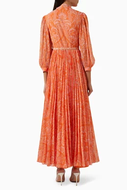 Orange pleated maxi dress hotsell