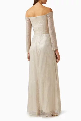 Buy Bazza Alzouman Neutral Off shoulder Rhinestone net Maxi