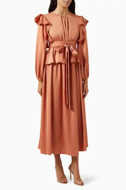 Buy Qui Prive Orange Belted Maxi Dress in Satin crepe for Women