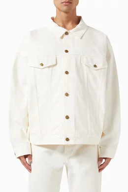 Buy Fear of God Essentials Neutral Trucker Jacket in Denim for Men