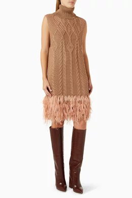 Buy Izaak Azanei Brown Ostrich Feather trim Mini Dress in Cotton knit for Women in UAE Ounass