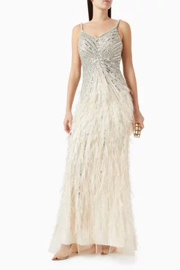 Buy Basix Gold Sequin Feather Embellished Gown in Tulle for